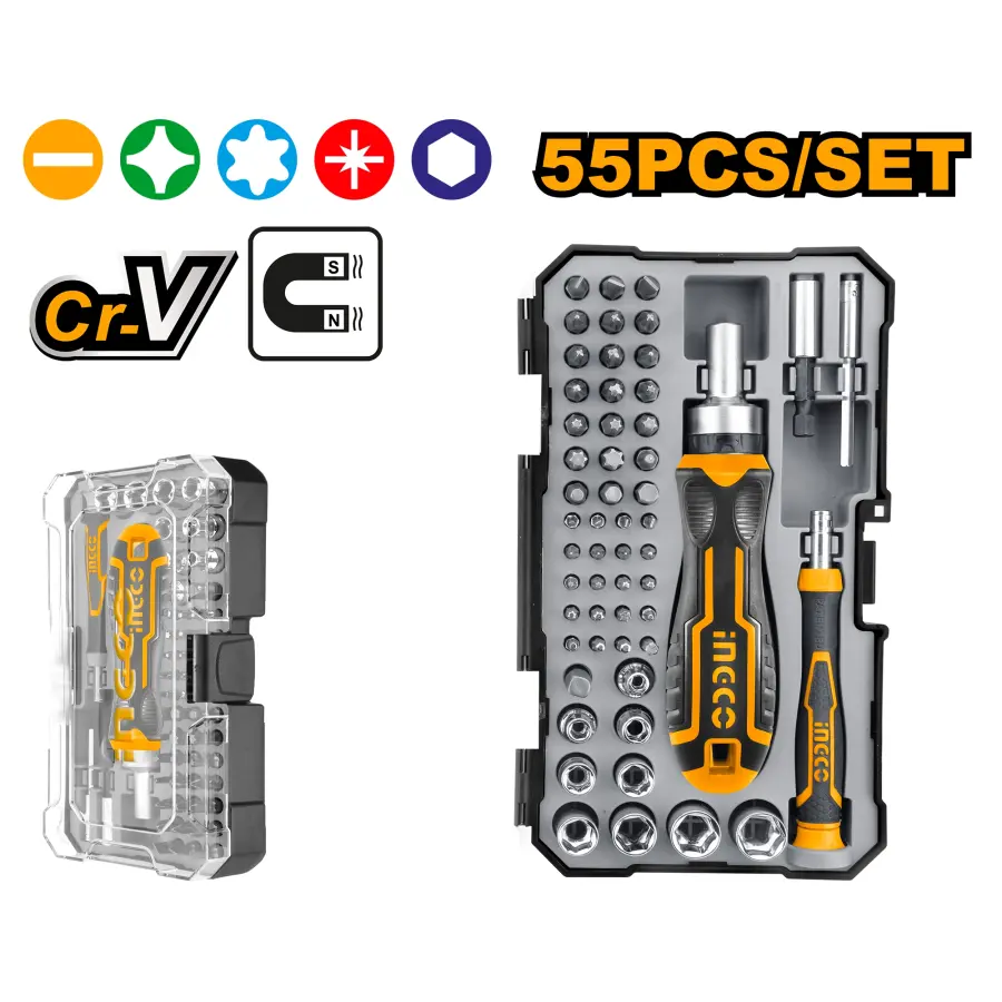 Šroubovák ráčna + bity sada 55ks CrV HKSDB0558, Ingco#1230
