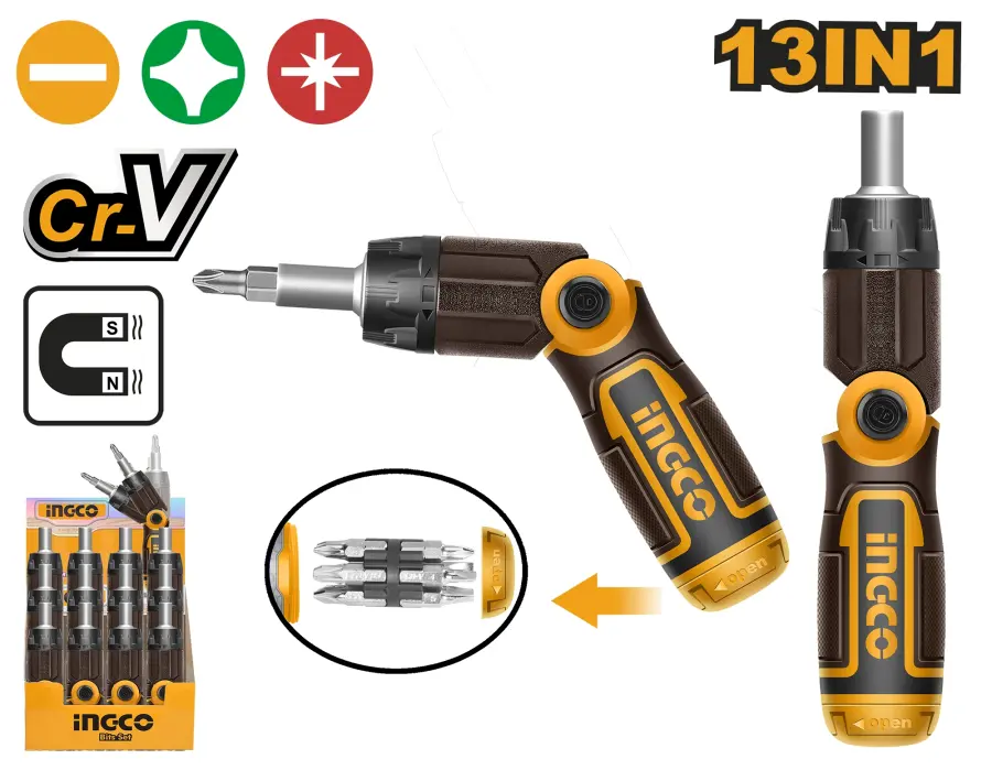 Šroubovák ráčnový s kloubem a se sadou 12ks bitů CrV  AKISD1208, Ingco#1311