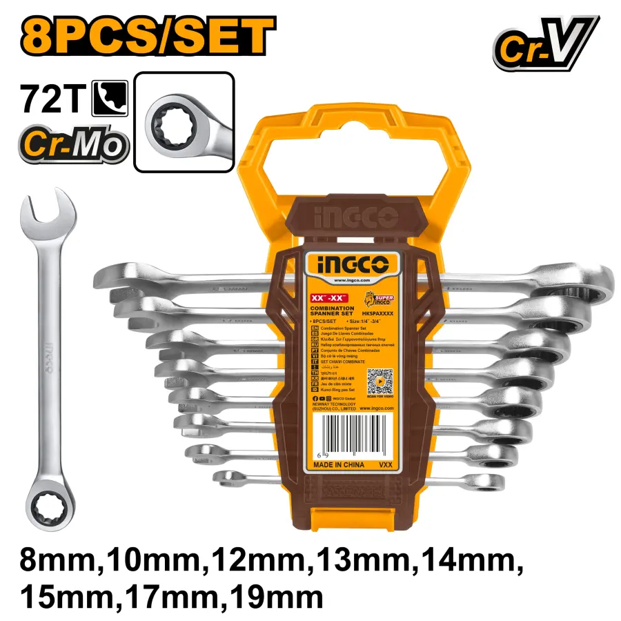Klíč očkoplochý račnový CrMo 8-19mm 8ks HKSPAR1082, Ingco#19886