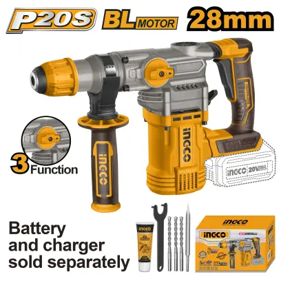 Kladivo vrtací AKU, 3 funkce, 28mm, bez baterie a nabíječky CRHLI20288, Ingco#19924