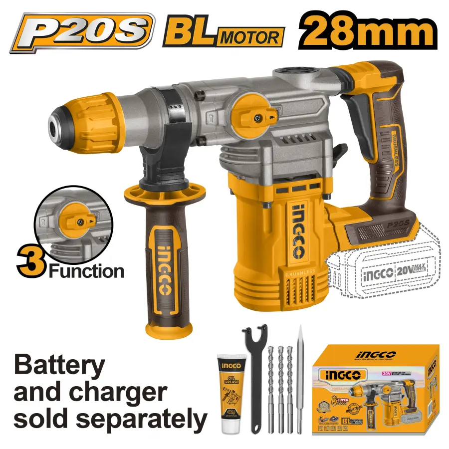 Kladivo vrtací AKU, 3 funkce, 28mm, bez baterie a nabíječky CRHLI20288, Ingco#19924