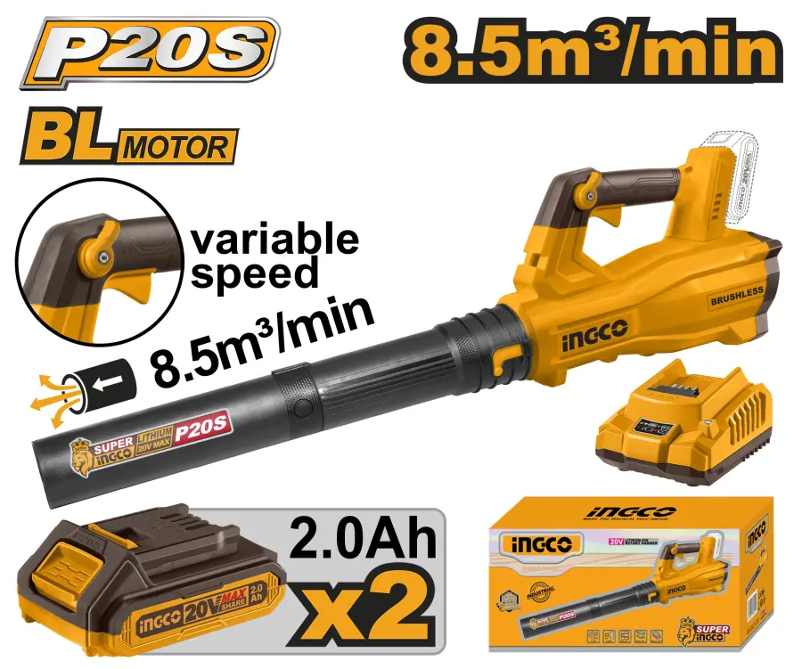 Fukar zahradní AKU, 8,5m3/min, vč. baterie 2ks a nabíječky CABLI204282, Ingco#19961
