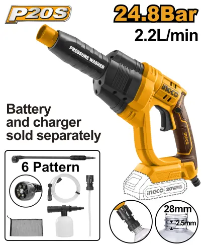 Čistič vysokotlaký AKU, 24,8Bar, 2,2l/min, bez baterie a nabíječky CPWLI2008, Ingco#19966