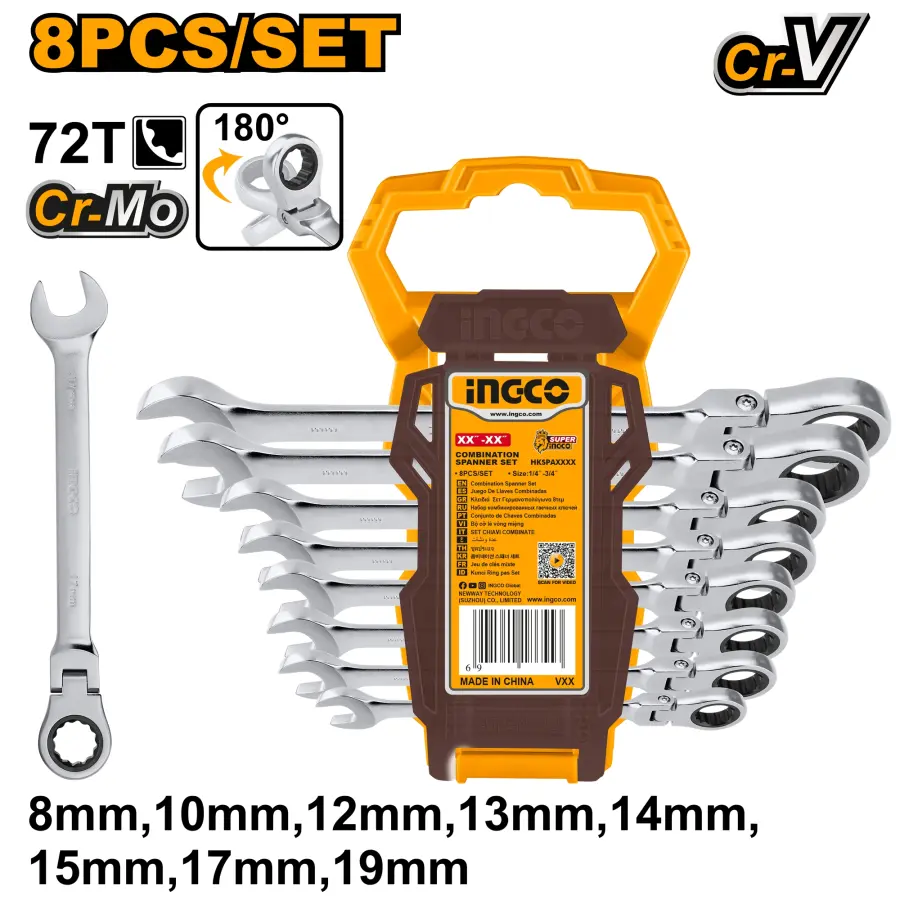 Klíč očkoplochý račnový CrMo 8-19mm 8ks, CrV HKSPAR1083, Ingco#20075