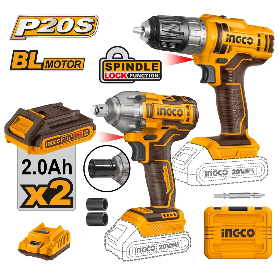 Šroubovák AKU a utahovák rázový AKU set, vč. Baterie 2ks a nabíječky COSLI230702, Ingco#21528