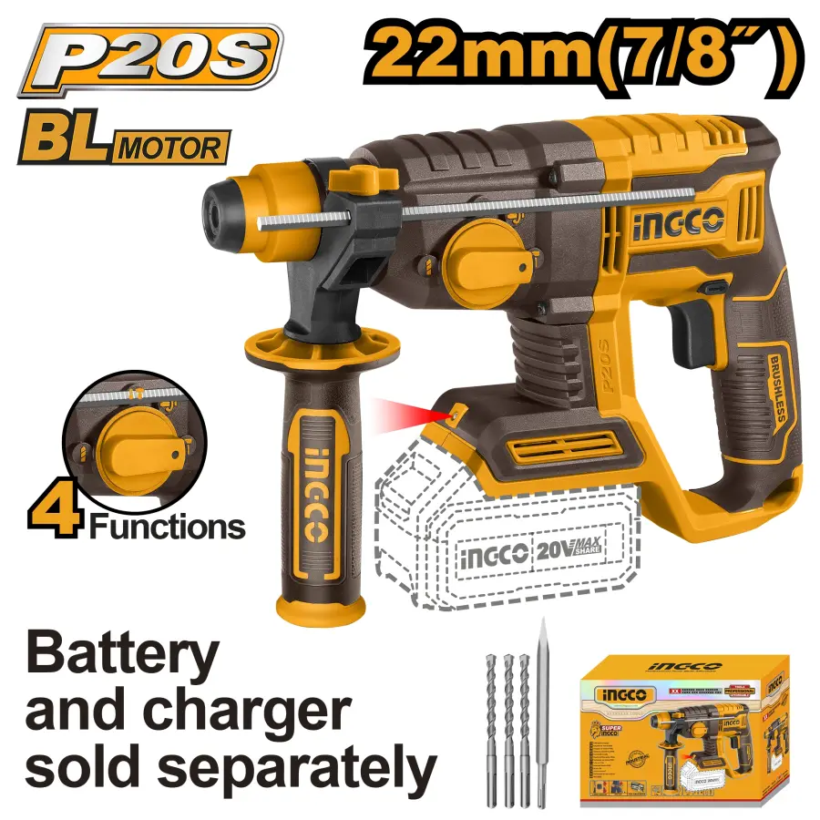 Kladivo vrtací AKU, 4 funkce, 22mm, bez baterie a nabíječky CRHLI20208, Ingco#21531