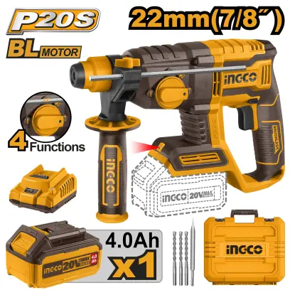 Kladivo vrtací AKU, 4 funkce, 22mm, vč. baterie a nabíječky CRHLI202081, Ingco#21532