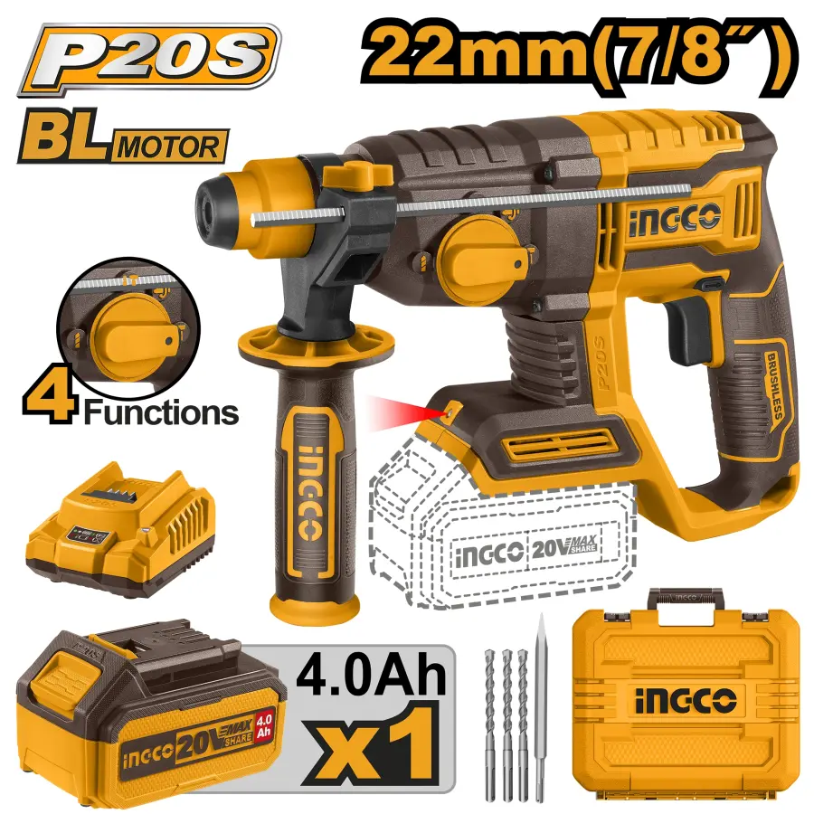 Kladivo vrtací AKU, 4 funkce, 22mm, vč. baterie a nabíječky CRHLI202081, Ingco#21532