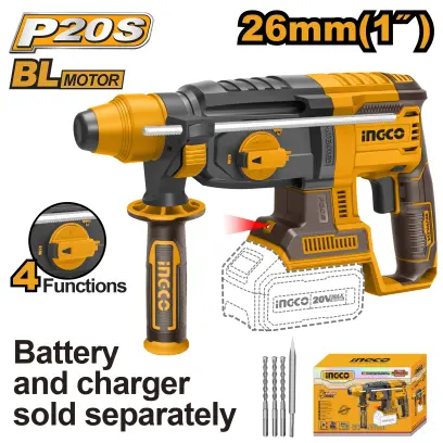 Kladivo vrtací AKU, 4 funkce, 26mm, bez baterie a nabíječky CRHLI20228, Ingco#21533