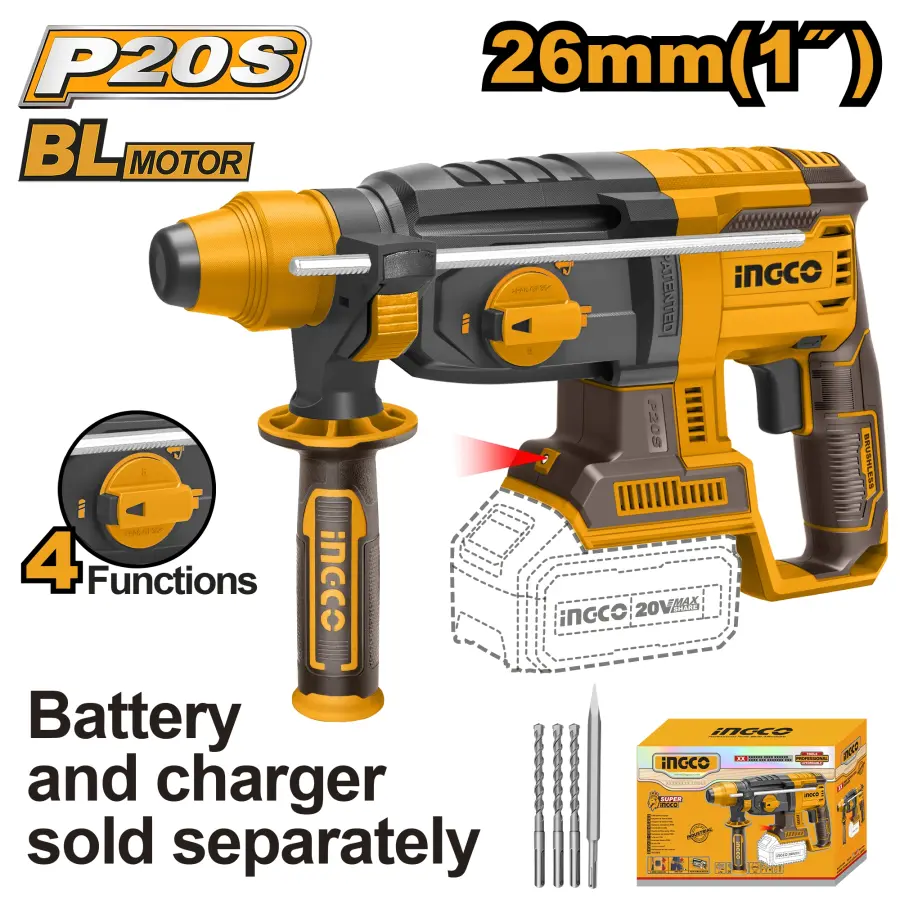 Kladivo vrtací AKU, 4 funkce, 26mm, bez baterie a nabíječky CRHLI20228, Ingco#21533