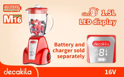 Mixér stolní AKU 1,5l sklo 300W červený bez baterie a nabíječky KMJB050R, Decakila#21695