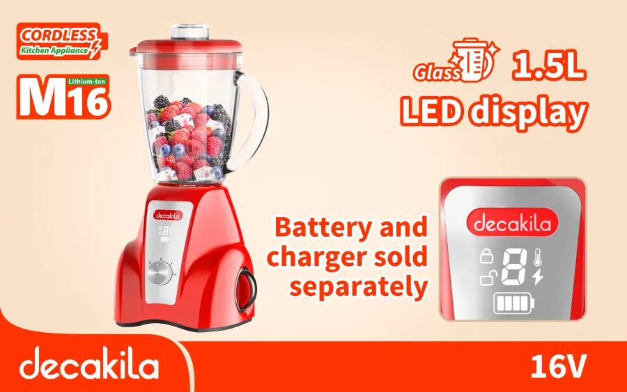 Mixér stolní AKU 1,5l sklo 300W červený bez baterie a nabíječky KMJB050R, Decakila#21695