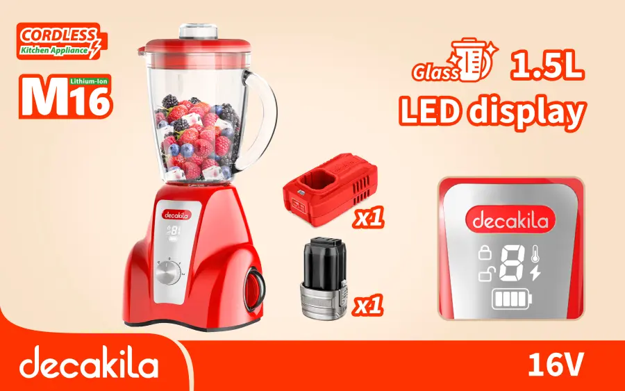 Mixér stolní AKU 1,5l sklo 300W červený vč. baterie a nabíječky KEJB052R, Decakila#21698