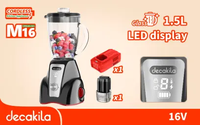 Mixér stolní AKU 1,5l sklo 300W černý vč. baterie a nabíječky KEJB052B, Decakila#21699