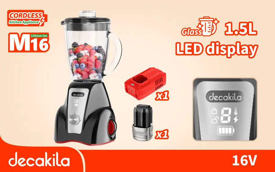 Mixér stolní AKU 1,5l sklo 300W černý vč. baterie a nabíječky KEJB052B, Decakila#21699