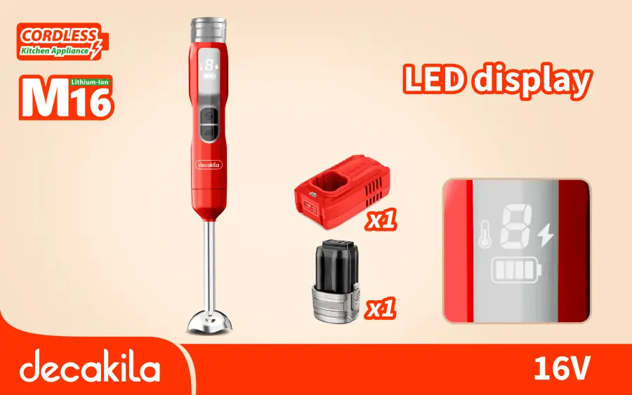 Mixér tyčový AKU 5 rychlostí 100W červený vč. baterie a nabíječky KEJB048R, Decakila#21701