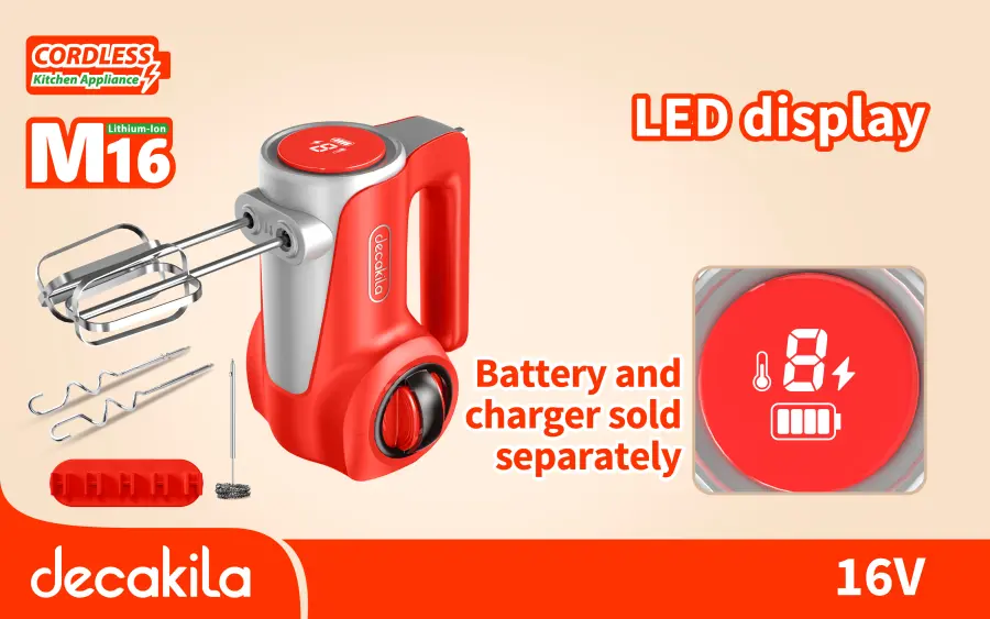 Šlehač ruční AKU 7 rychlostí 125W červený bez baterie a nabíječky KMMX022R, Decakila#21707