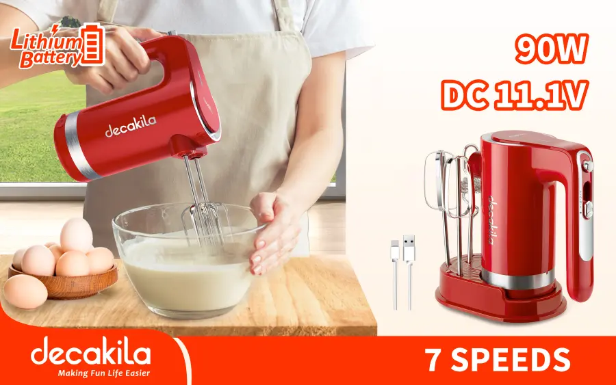 Šlehač ruční bezdrátový 7 rychlostí 90W červený KMMX006R, Decakila#21710