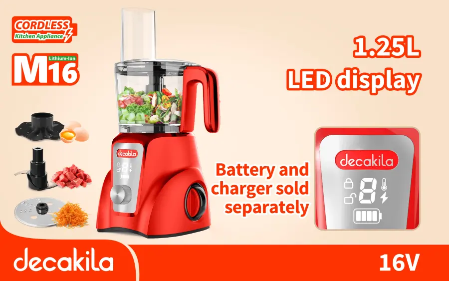 Robot kuchyňský AKU 1,25l 250W červený bez baterie a nabíječky KMMG026R, Decakila#21711