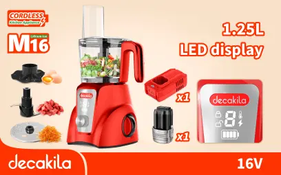 Robot kuchyňský AKU 1,25l 250W červený vč. baterie a nabíječky KEMG027R, Decakila#21712