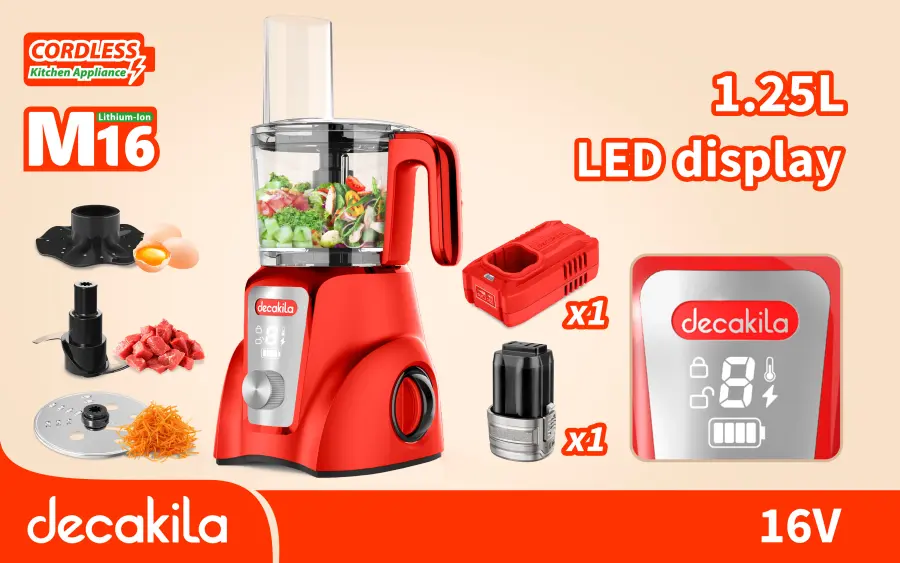 Robot kuchyňský AKU 1,25l 250W červený vč. baterie a nabíječky KEMG027R, Decakila#21712