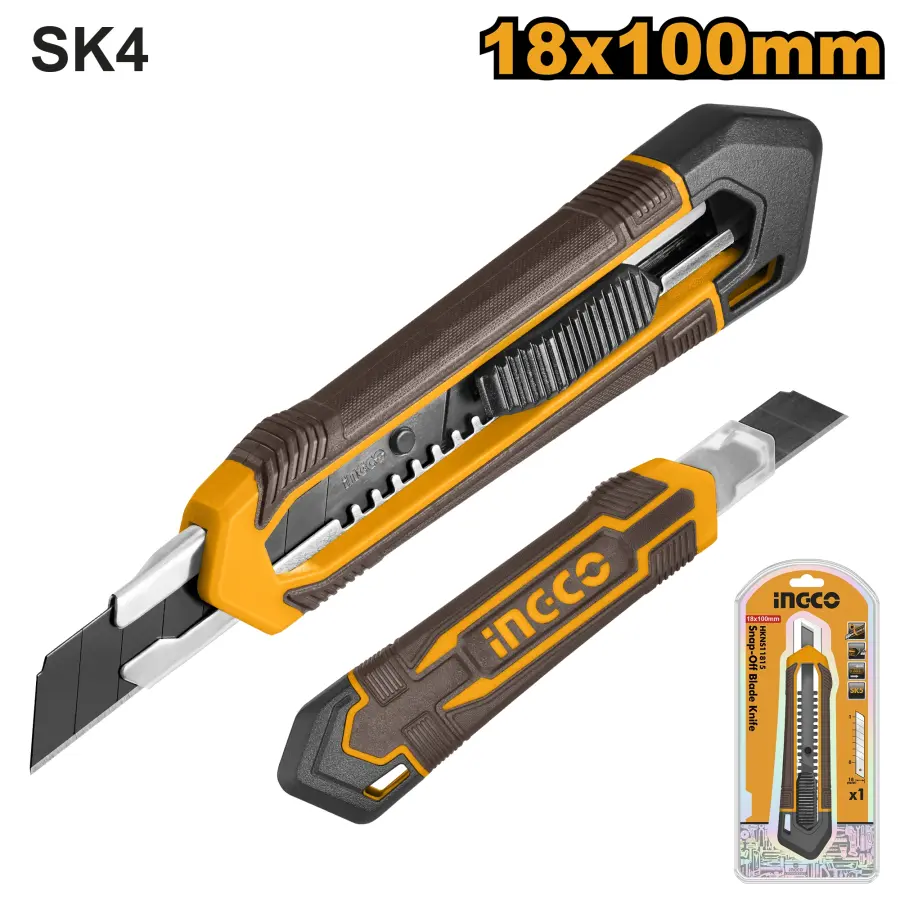 Nůž odlamovací 18x100mm s tlačítkem, 3x čepel HKNS11815, Ingco#21914