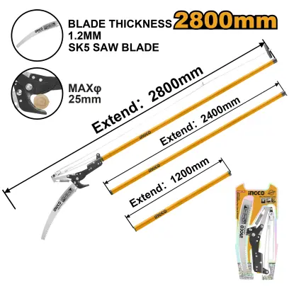 Prořezávač větví teleskopický 2v1 pila + nůžky 2800mm, HEPS25281, Ingco#2198