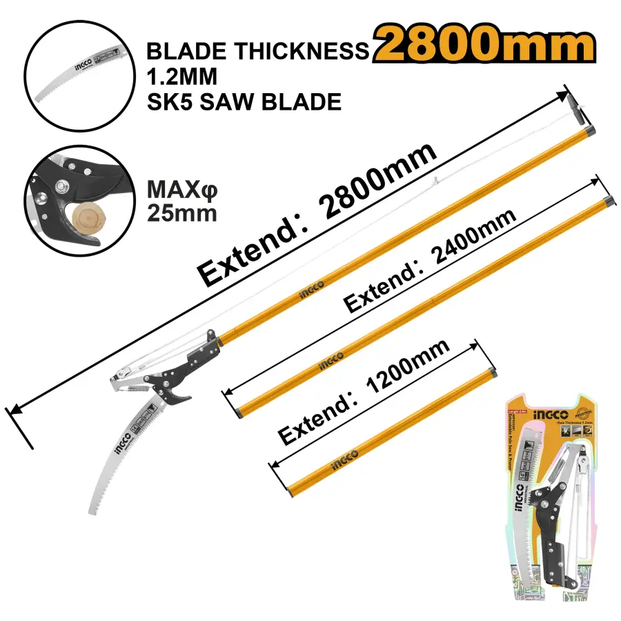 Prořezávač větví teleskopický 2v1 pila + nůžky 2800mm, HEPS25281, Ingco#2198
