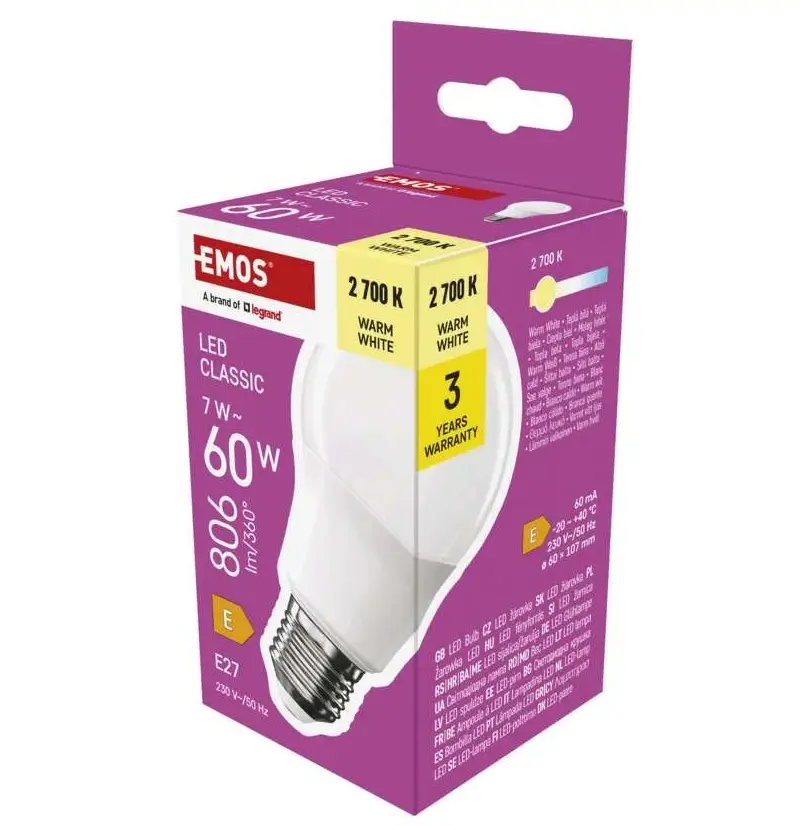 Žárovka classic LED A60 7W(60W) 806lm E27 WW, Emos#22770