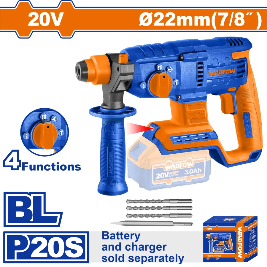 Kladivo vrtací AKU, 4 funkce, 22mm, bez baterie a nabíječky WLM15220, Wadfow#23864