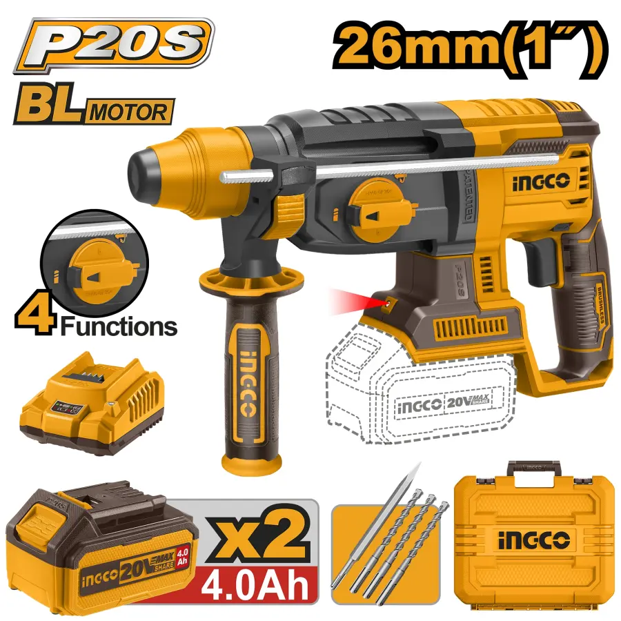 Kladivo vrtací AKU, 26mm, vč. baterie 2ks a nabíječkyCRHLI202287, Ingco#25293