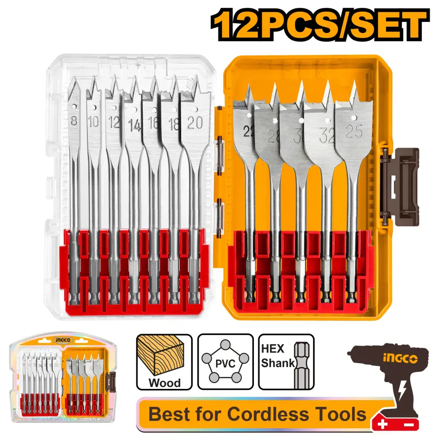 Vrtáky do dřeva ploché, sada 12 ks AKDL1206, Ingco#25315