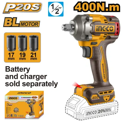 Utahovák rázový AKU 400Nm, bez baterie a nabíječky CIWLI20401, Ingco#25608