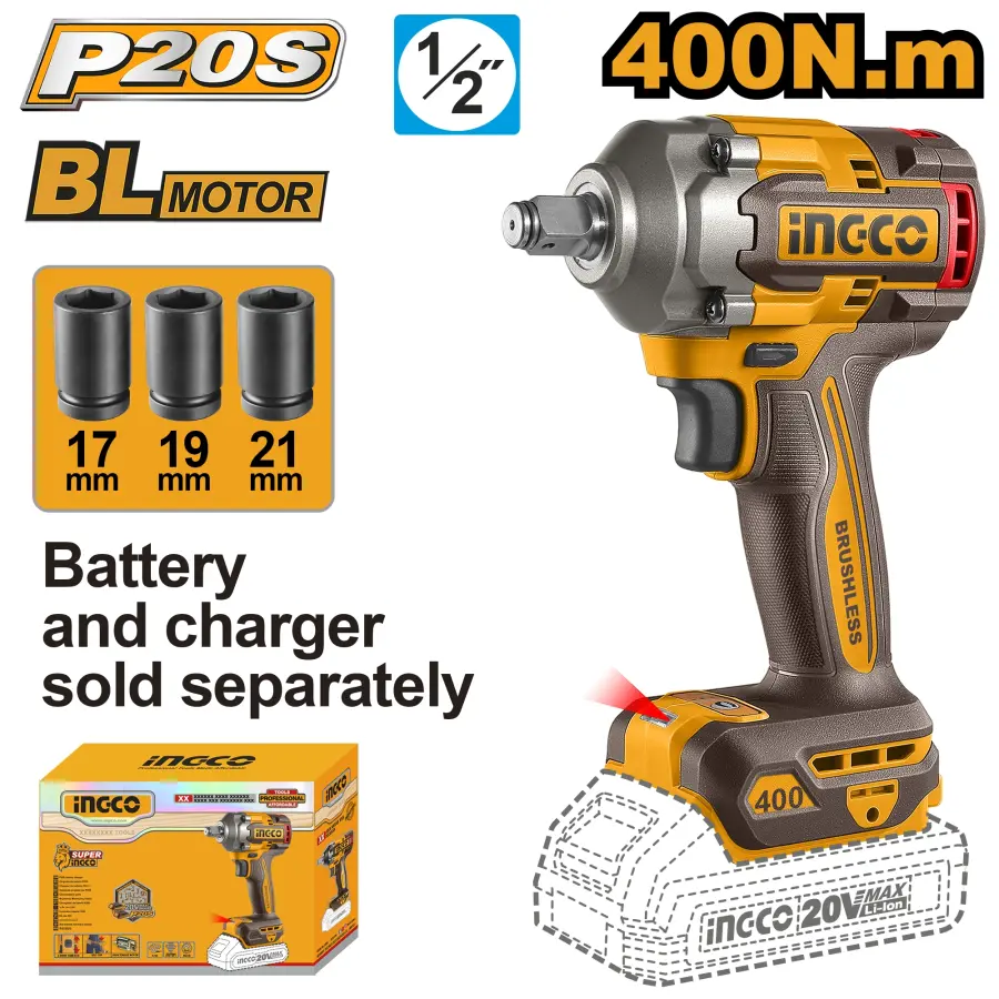 Utahovák rázový AKU 400Nm, bez baterie a nabíječky CIWLI20401, Ingco#25608