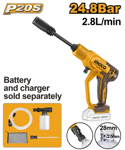 Čistič vysokotlaký AKU 24.8Bar, bez baterie a nabíječky CPWLI2036, Ingco#25610