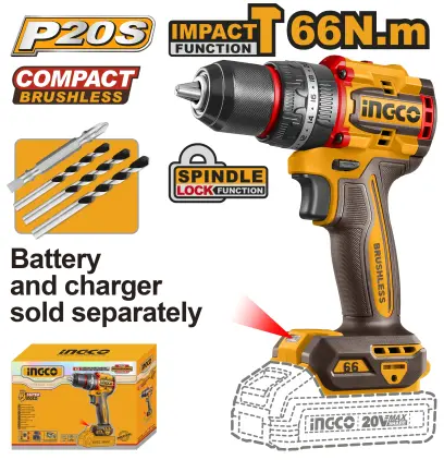 Vrtačka - šroubovák AKU s příklepem, 66Nm, bez baterie a nabíječky CIDLI206681, Ingco#25644