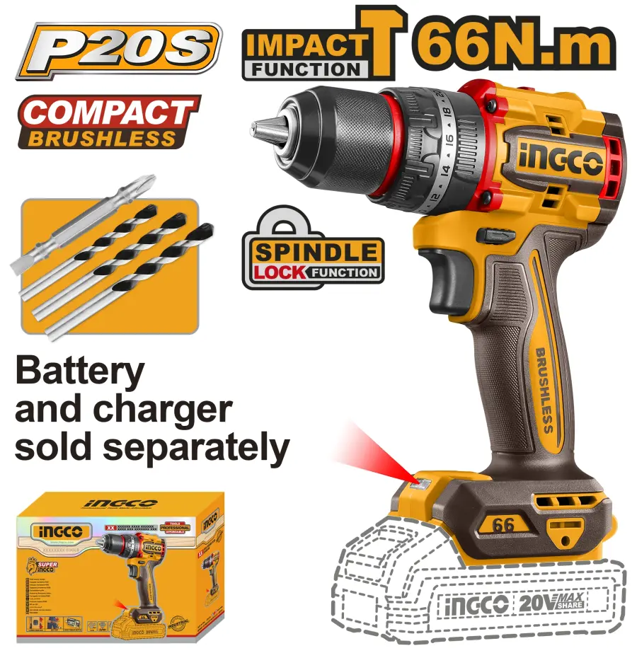 Vrtačka - šroubovák AKU s příklepem, 66Nm, bez baterie a nabíječky CIDLI206681, Ingco#25644