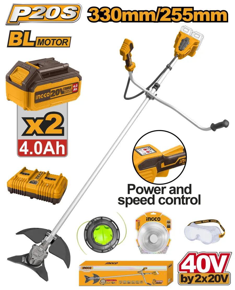 Sekačka strunová AKU 40V, vč. baterie 2ks a nabíječky CSTLI202522, Ingco#25652