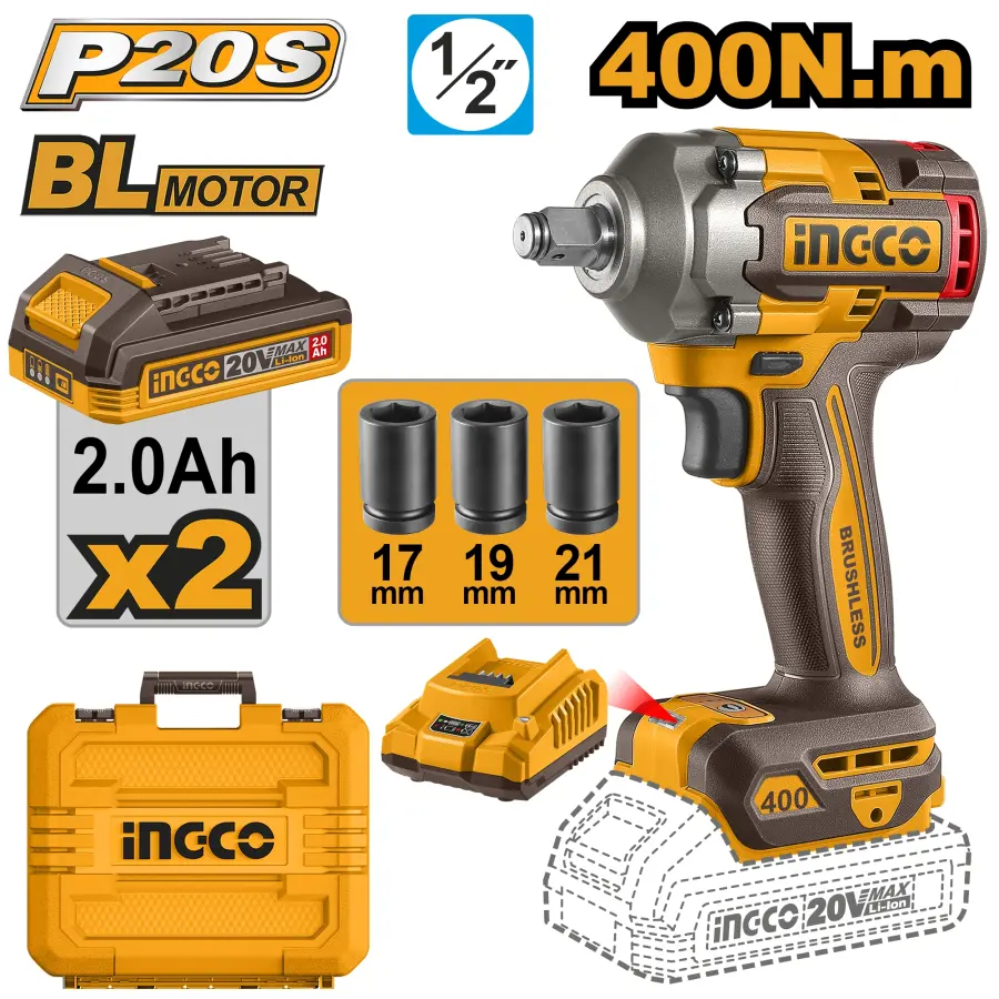 Utahovák rázový AKU 400Nm, vč. baterie 2ks a nabíječky CIWLI2040E, Ingco#26986