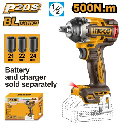 Utahovák rázový AKU, 500Nm, bez baterie a nabíječky CIWLI20501, Ingco#26987