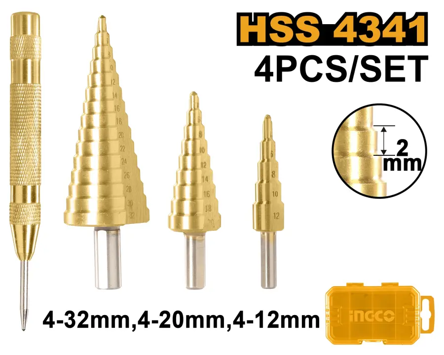 Vrták stupňovitý sada 4ks AKSDS2041, Ingco#27063