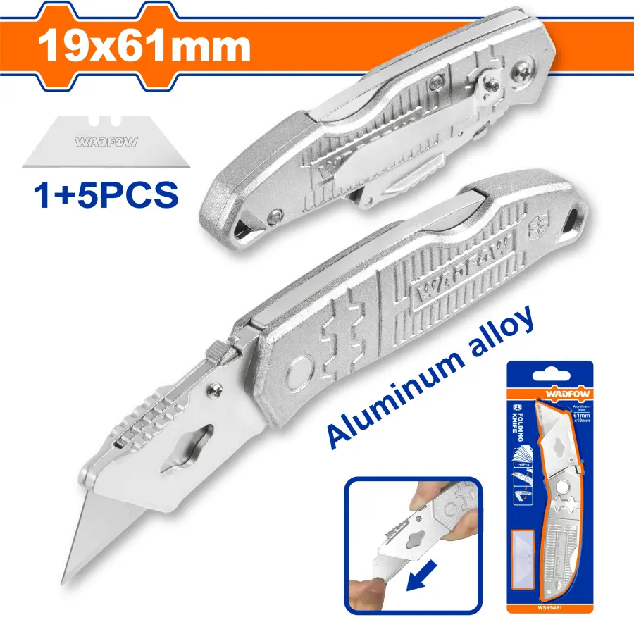 Nůž univerzální hliníkový 19x61mm, vč. 5 ks náhradní čepele WSK9461, Wadfow#27423