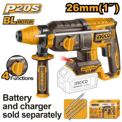 Kladivo vrtací AKU, 4 funkce 26mm, bez baterie a nabíječky CRHLI20268, Ingco#28310