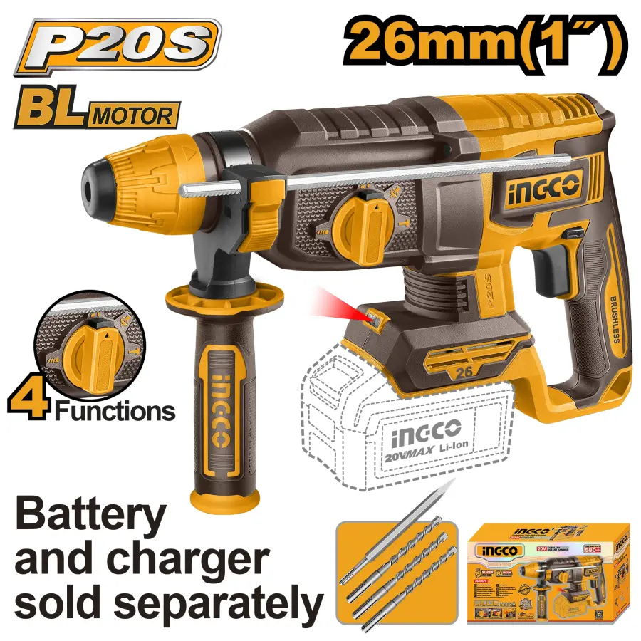 Kladivo vrtací AKU, 4 funkce 26mm, bez baterie a nabíječky CRHLI20268, Ingco#28310