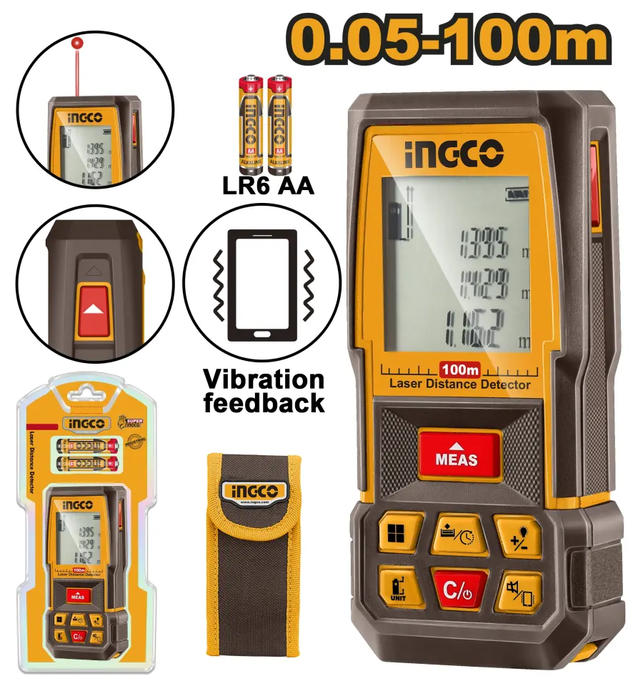 Měřič vzdálenosti laserový 0,05-100m, HLDD1008, Ingco#28413