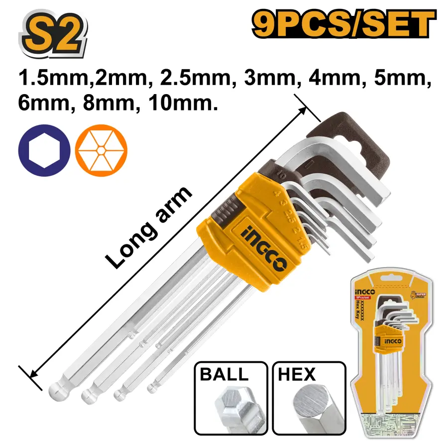 Klíč inbus s kuličkou sada 9ks 1,5-10mm HHK12091, Ingco#28739