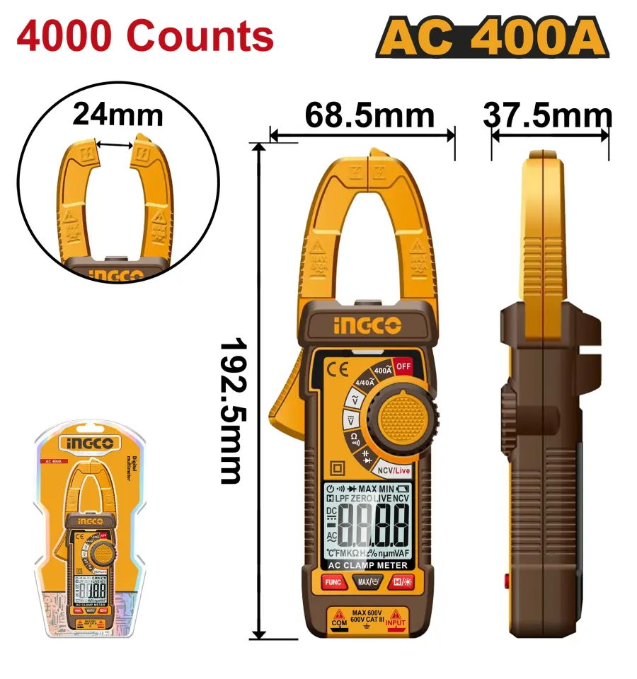 Ampérmetr klešťový digitální 400A DCM62001, Ingco#28790