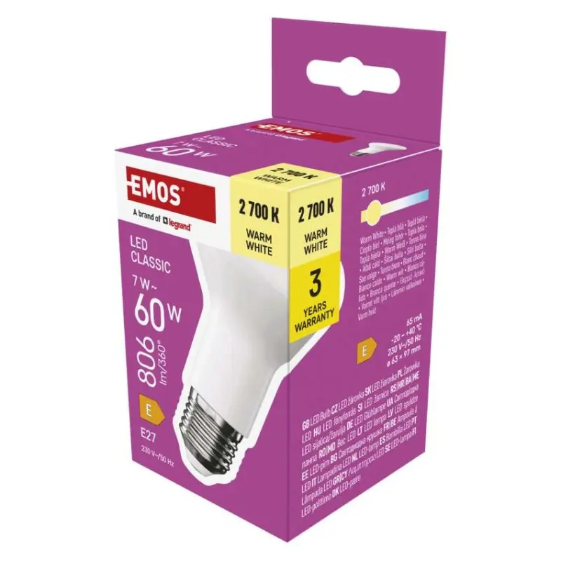 Žárovka LED Classic R63 E27 7W (60W) 806 lm teplá bílá, Emos#29542