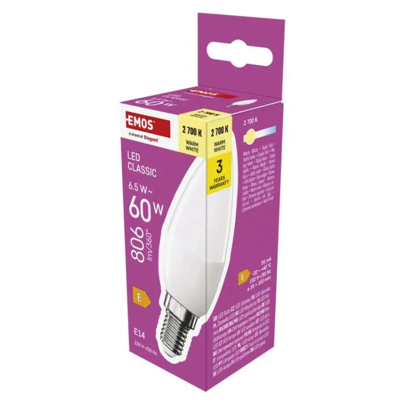 Žárovka LED CLS CANDLE 6,5W(60W) 806lm E14 WW, Emos#29552
