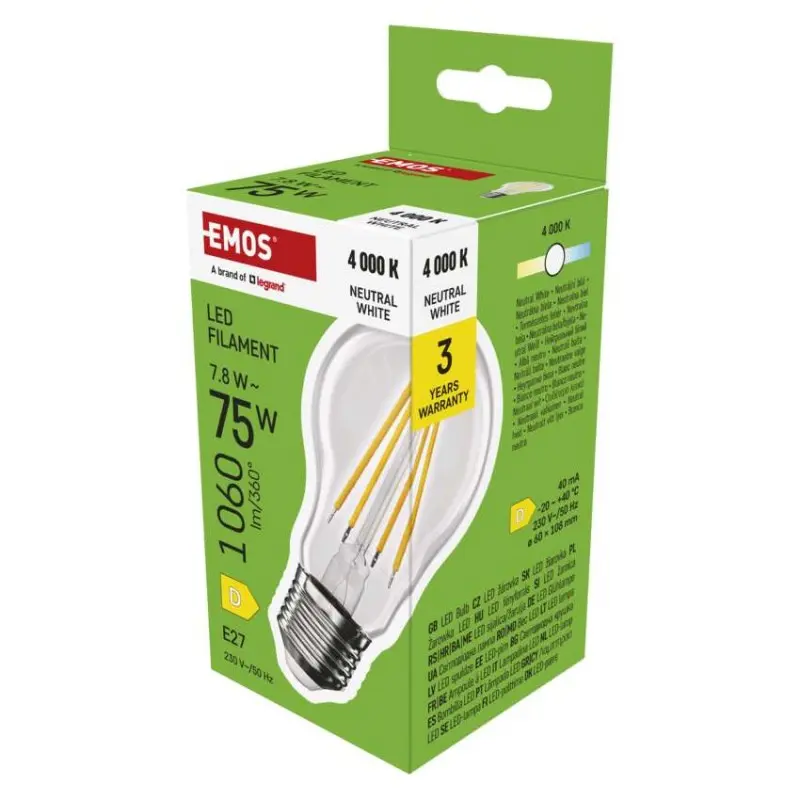 Žárovka LED FLM A60 7,8W 75W 1060lm E27 NW, Emos#29559